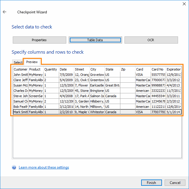 Table Checkpoints: Preview the table data