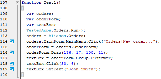 A sample script test in TestComplete