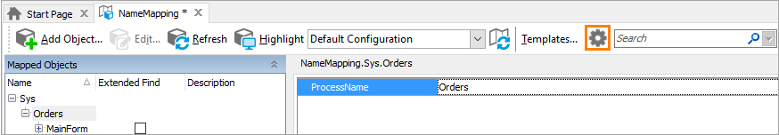 The location of the Configure Name Mapping icon on the toolbar