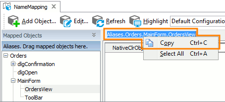 Copying an alias from the Name Mapping editor