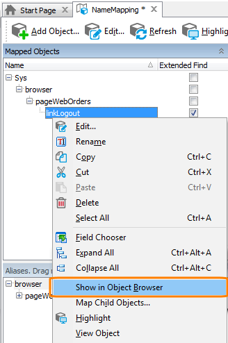 Name Mapping editor: Show in Object Browser command