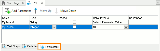 The Parameters page of the Keyword Test editor