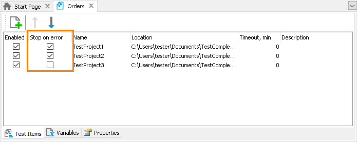 Project Suite test items' 'Stop on Error' property