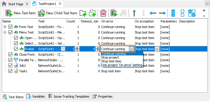 Set test item's 'On error' property