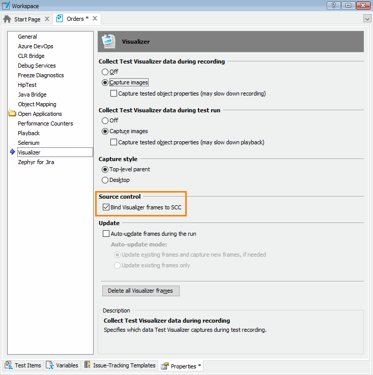 Test Visualizer: Enabling the binding Test Visualizer frames to source control system