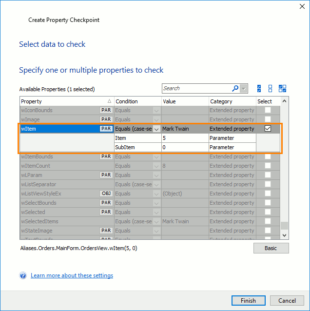 Getting Started with TestComplete (Desktop): Selecting property