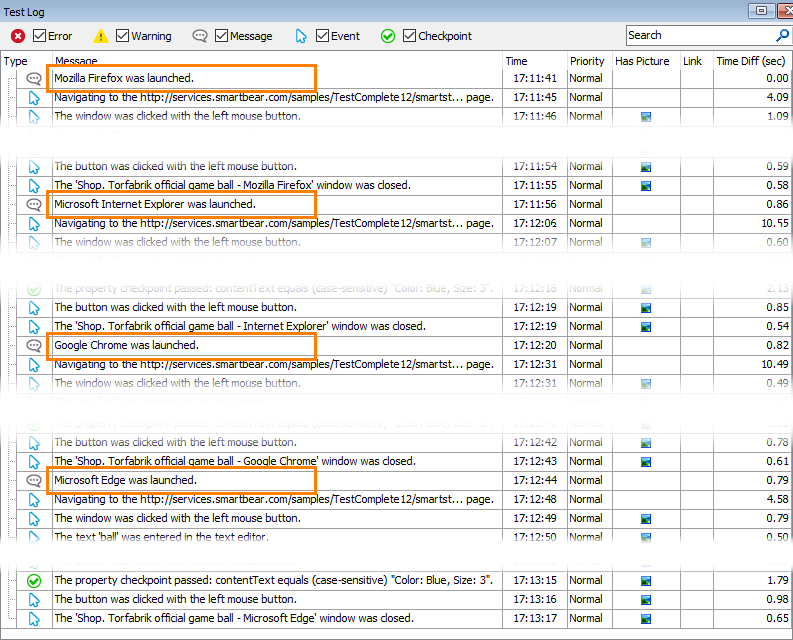 Getting Started with TestComplete (Web): The results of a cross-browser test