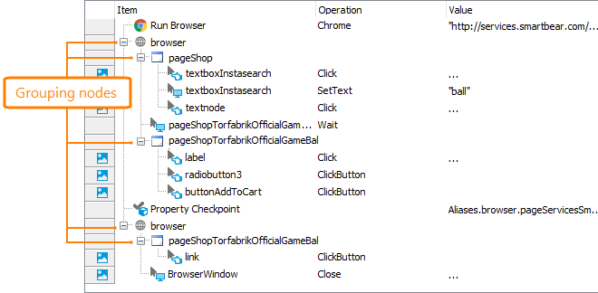 Getting Started with TestComplete (Web): Grouping nodes