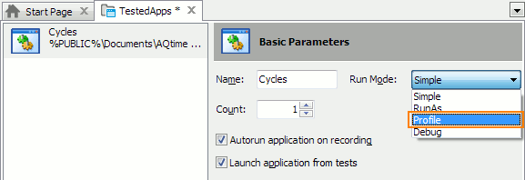Selecting the Profile mode for a tested application