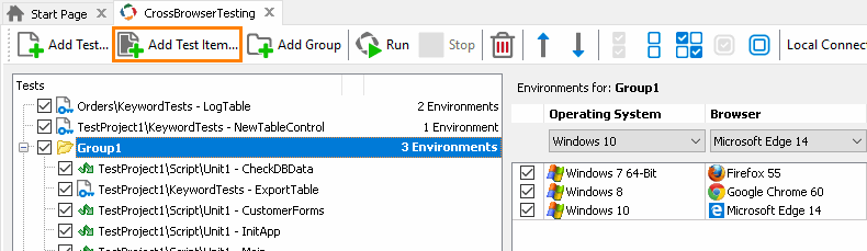 Integration with CrossBrowserTesting.com: Call the Select Project Test Items dialog to assign several test items to a CrossBrowserTesting environment