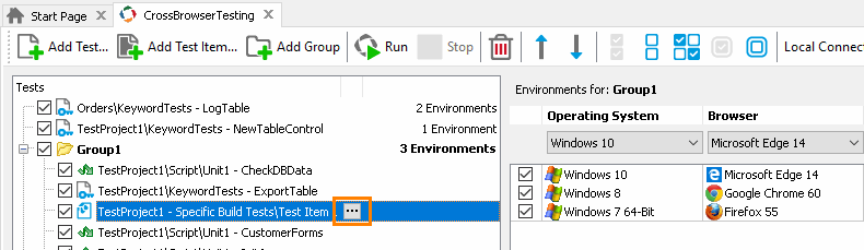 Integration with CrossBrowserTesting.com: Call the Select Project Test Item dialog to replace a test item assigned to the CrossBrowserTesting environment