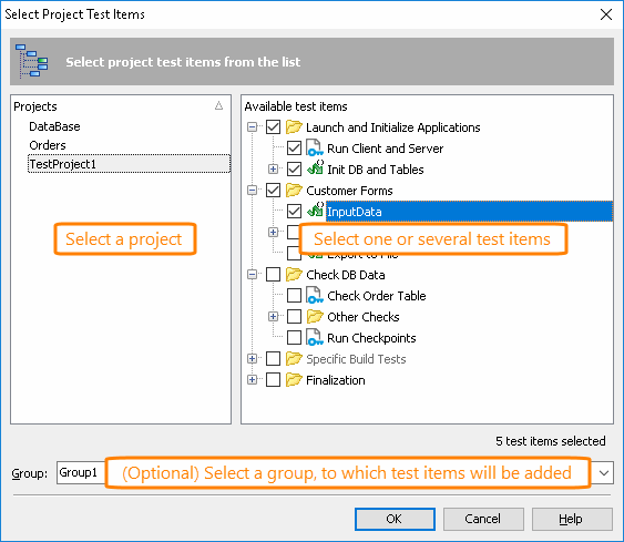 Integration with CrossBrowserTesting.com: Select Test Items dialog