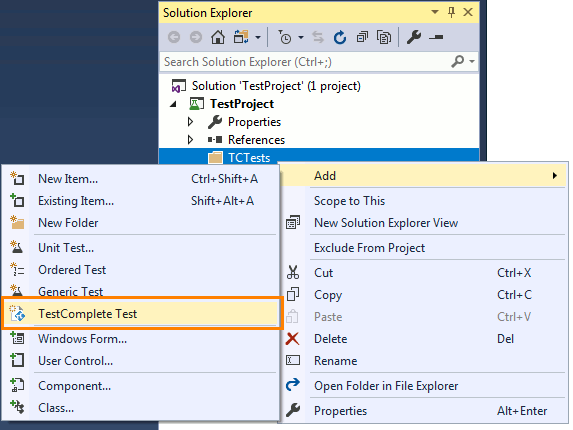 TestComplete integration with Visual Studio: Add a new TestComplete Test item