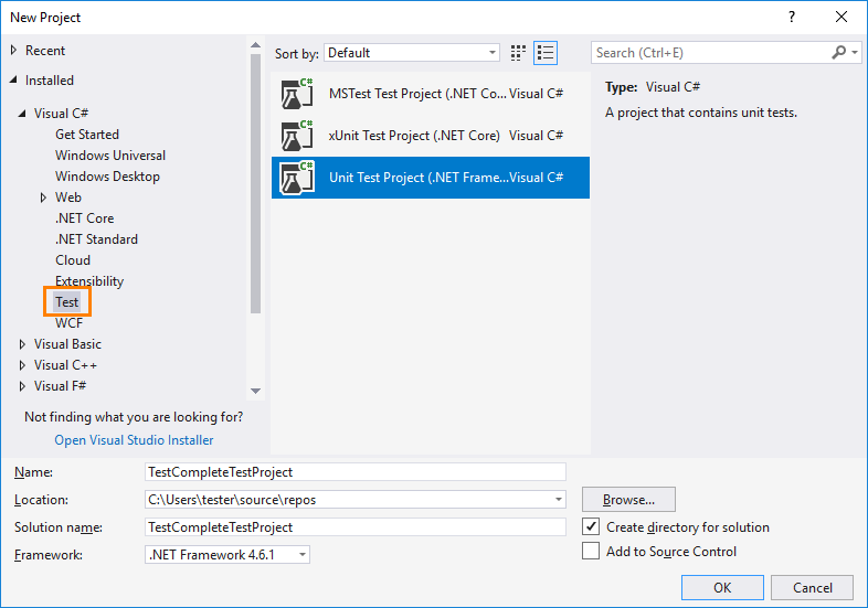 TestComplete integration with Visual Studio: Create a test project in Visual Studio