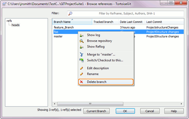 Deleting branch via TortoiseGit Browse Ref dialog