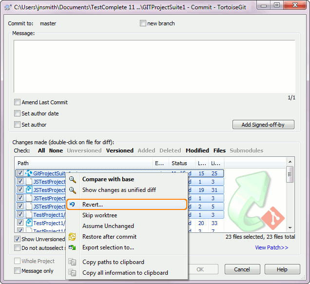 Reverting files via TortoiseGit Commit dialog