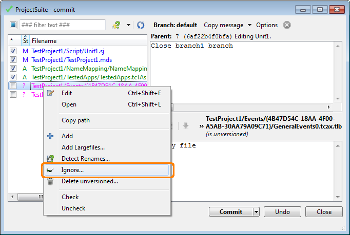 Ignoring Files via TortoiseHg Commit Dialog