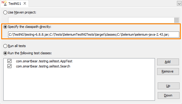 Run TestNG Selenium Tests by specifying classpath