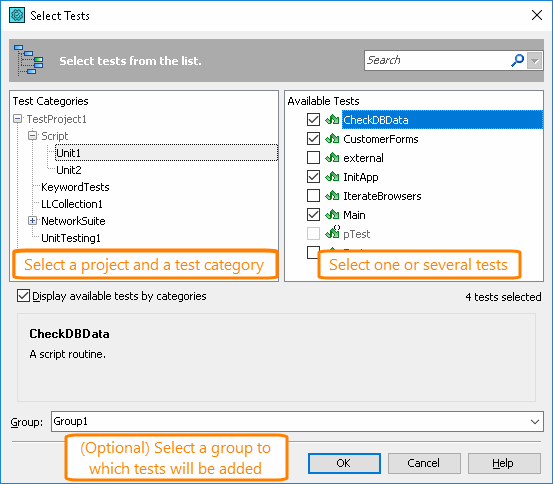 Integration with CrossBrowserTesting.com: Select Tests dialog called from the CrossBrowserTesting manager