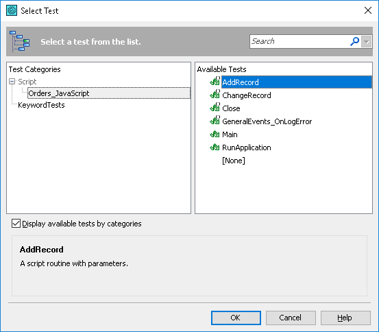 Common view of the Select Test dialog
