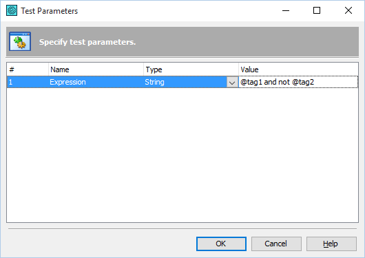 Test Parameters dialog for BDD tests run by tag expression