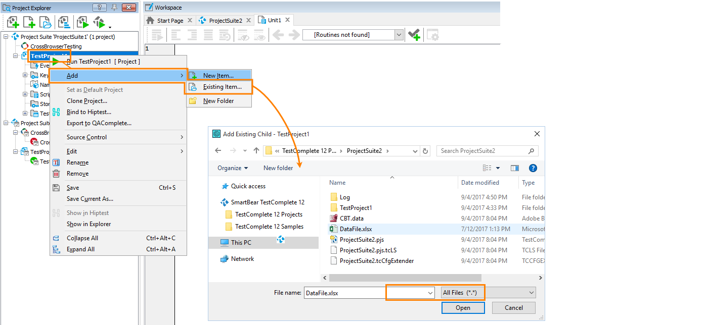 Adding files to TestComplete projects