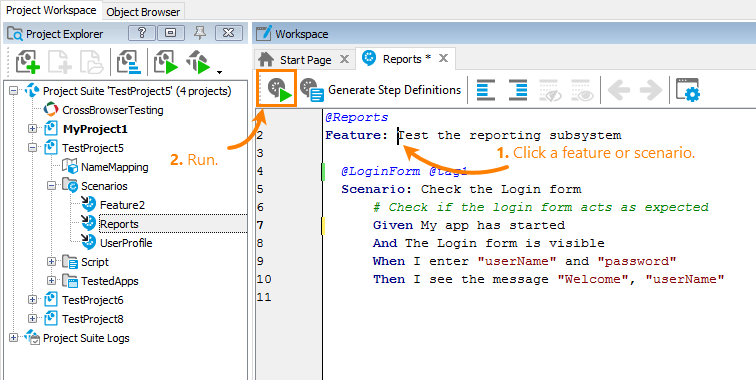 Run BDD tests from Gherkin editor