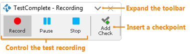 Recording toolbar in TestComplete 12.3 - Collapsed