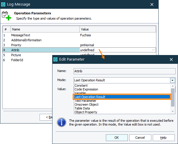 Log Message operation parameters