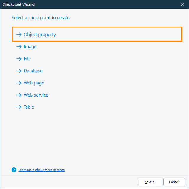 Property Checkpoint: Selecting a checkpoint type