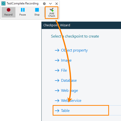 Table Checkpoint: Selecting the checkpoint type