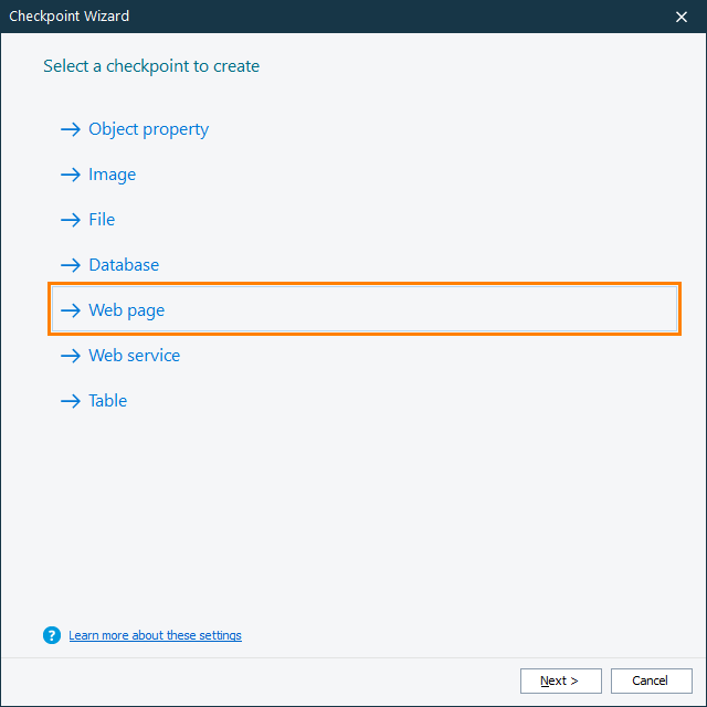 Web Audits Checkpoint: Selecting the checkpoint type