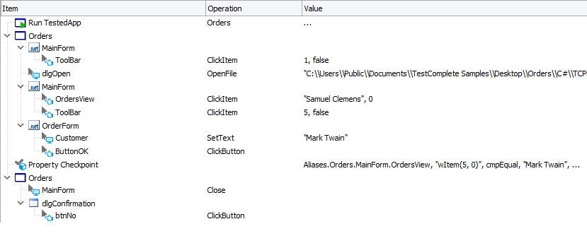 A sample keyword test in TestComplete