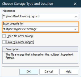 Select Multipart Hypertext Storage to export TestComplete test results to MHT