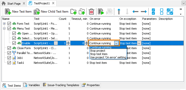 Configure test items to Continue running
