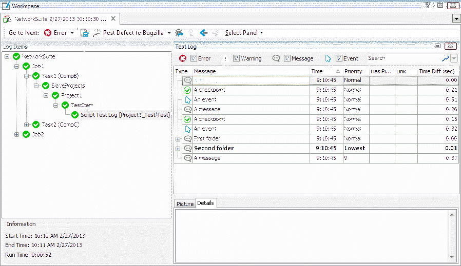 Test Log panel