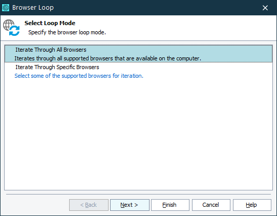 Getting Started with TestComplete (Web): Browser Loop operation parameters