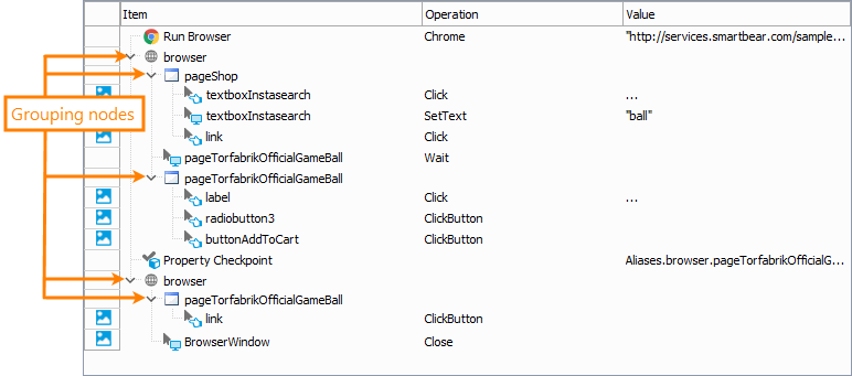 Getting Started with TestComplete (Web): Grouping nodes