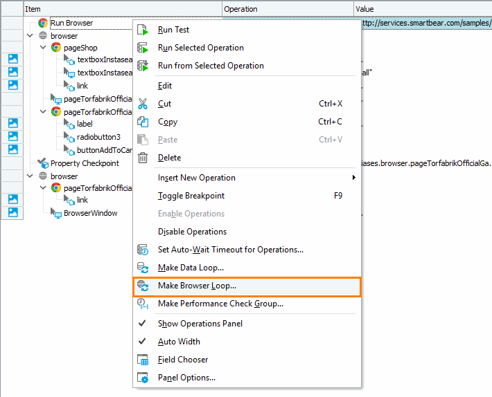 Getting Started with TestComplete (Web): Convert Run Browser operation into Browser Loop operation