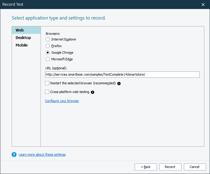 Getting Started with TestComplete: Select your tested web page