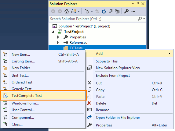 TestComplete integration with Visual Studio: Add a new TestComplete Test item