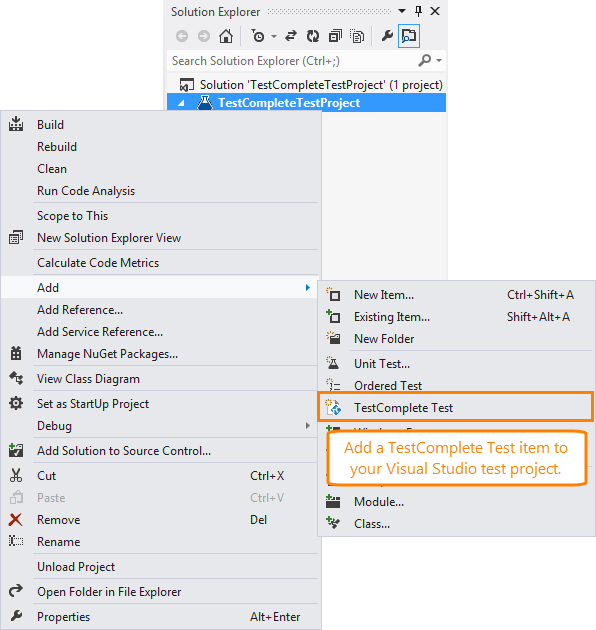 TestComplete integration with Visual Studio: Add TestComplete Test item to Visual Studio test project