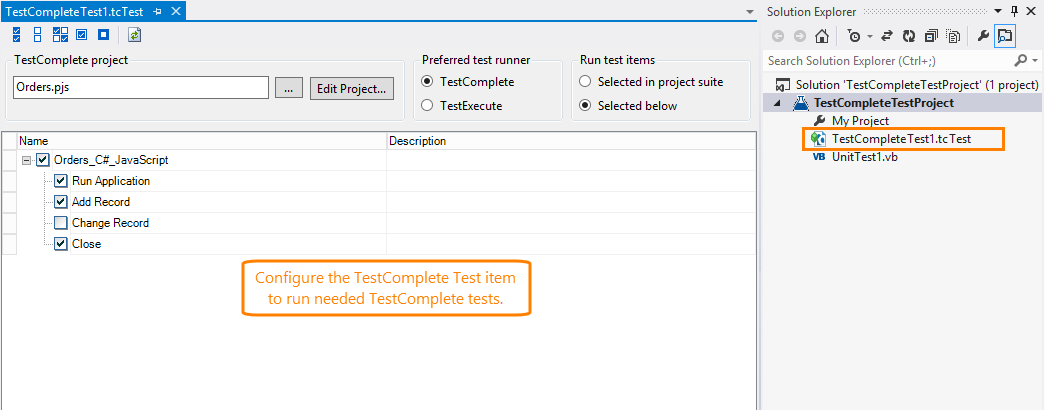TestComplete integration with Visual Studio: Adding TestComplete Test item to Visual Studio test project