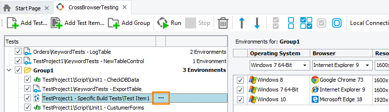 Integration with CrossBrowserTesting.com: Call the Select Project Test Item dialog to replace a test item assigned to the CrossBrowserTesting environment