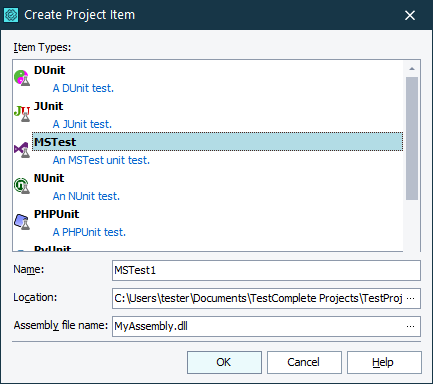 Creating a new MSTest item.