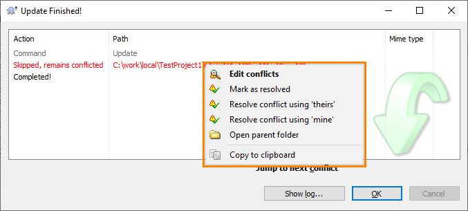 Resolving Conflicts via TortoiseSVN Update Dialog