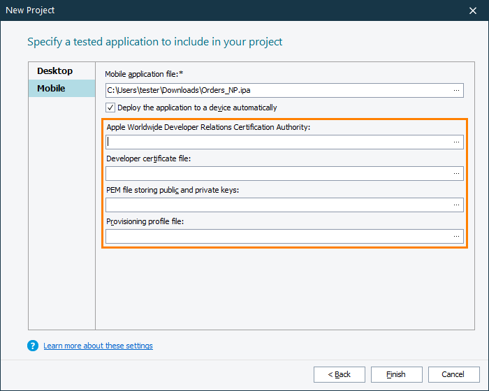 Certificate file settings for iOS applications