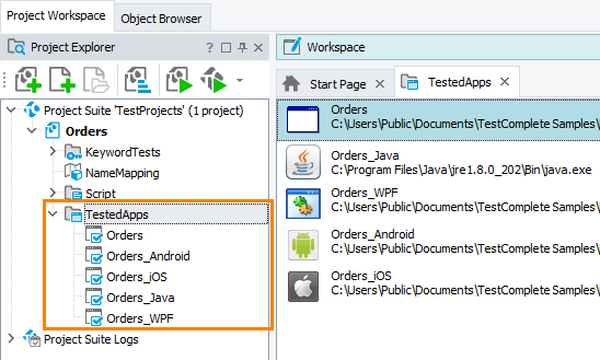 List of tested applications in the Project Explorer