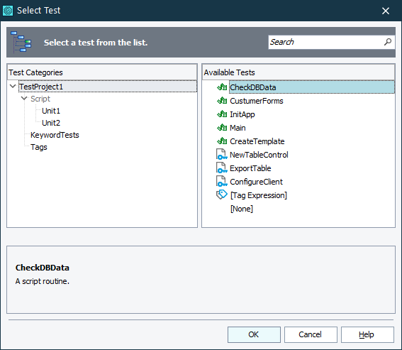 Select Test dialog called from the Test Item page of the project