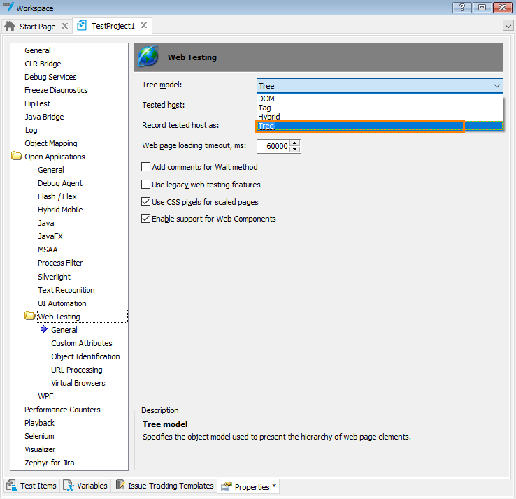 Project Properties - Web Testing Options